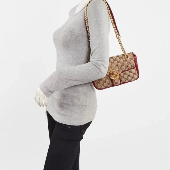 Gucci Beige/Red GG Quilted Canvas Marmont Mini Shoulder Bag - Picture 2 of 10